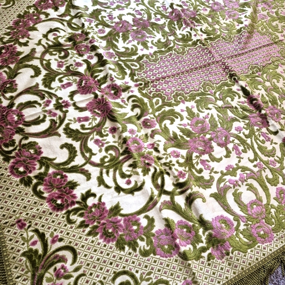 Vintage Italian Velvet Tapestry Floral Patterned Fabric Tastle Green Purple Pink